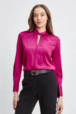Elie Tahari Silk Satin Twist Neck Shirt- Tops & Sweaters
