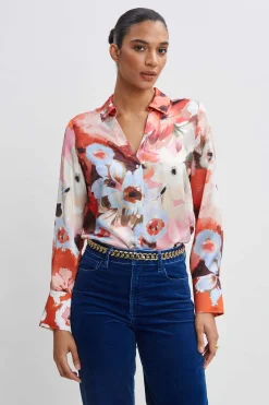 Elie Tahari Silk Satin Wintergarden Shirt- Tops & Sweaters