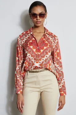 Elie Tahari Silk Tile Print Button Down Shirt- Tops & Sweaters