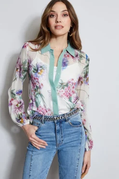 Elie Tahari Silk Wind Floral Button Down Shirt- Tops & Sweaters