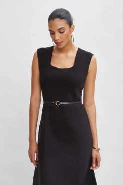 Elie Tahari Square Neck Belted Sweater Dress- Dresses & Jumpsuits|Sleeveless Dresses