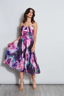 Elie Tahari Strapless Pleated Print Midi Dress- Dresses & Jumpsuits|Sleeveless Dresses
