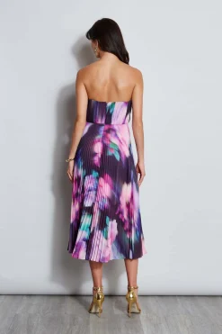 Elie Tahari Strapless Pleated Print Midi Dress- Dresses & Jumpsuits|Sleeveless Dresses