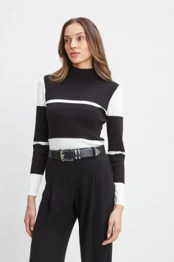 Elie Tahari Stripe Mock Neck Sweater- Tops & Sweaters