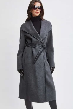 Elie Tahari Tahari Double Face Wool Vegan Leather Trim Coat- Coats