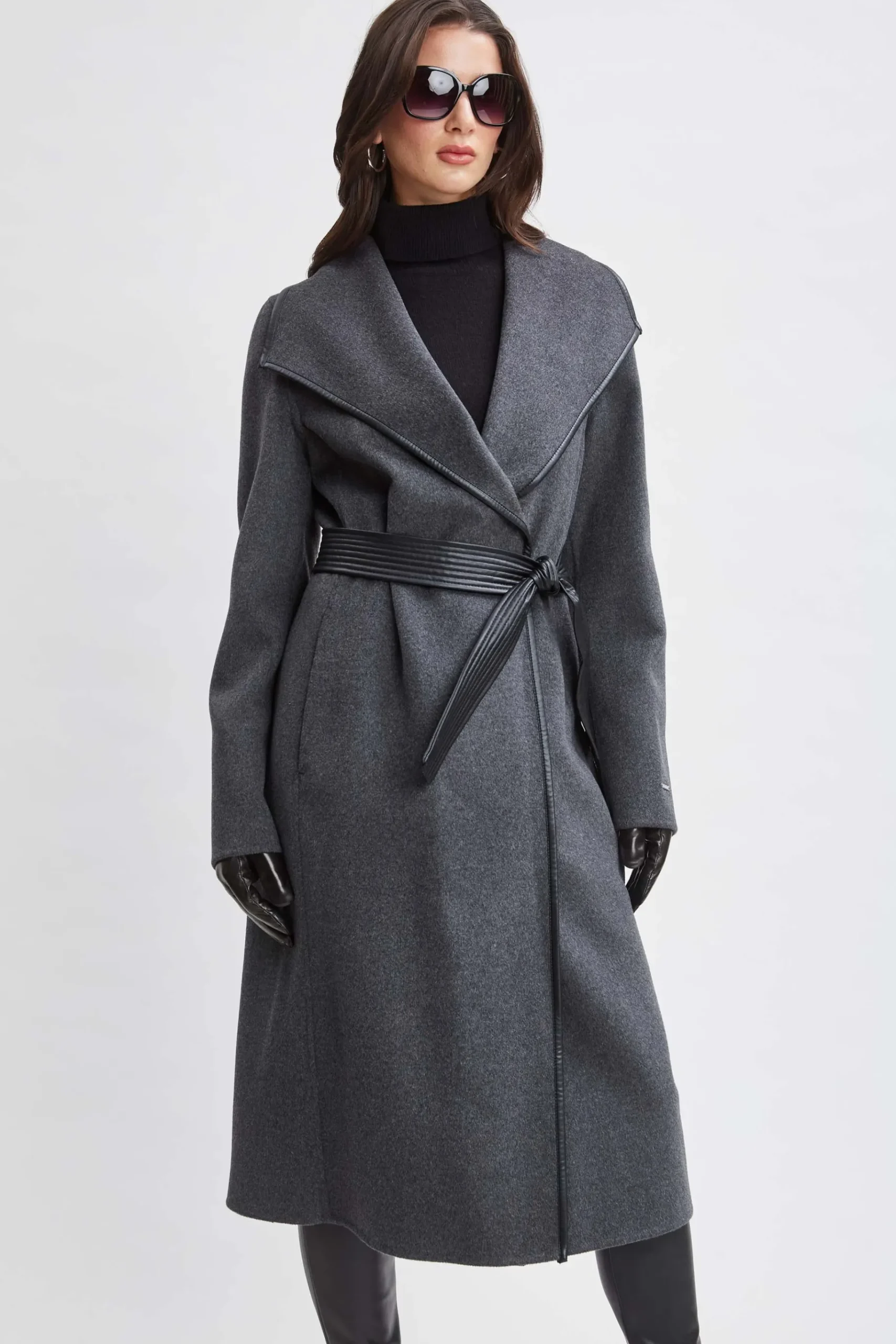 Elie Tahari Tahari Double Face Wool Vegan Leather Trim Coat- Coats