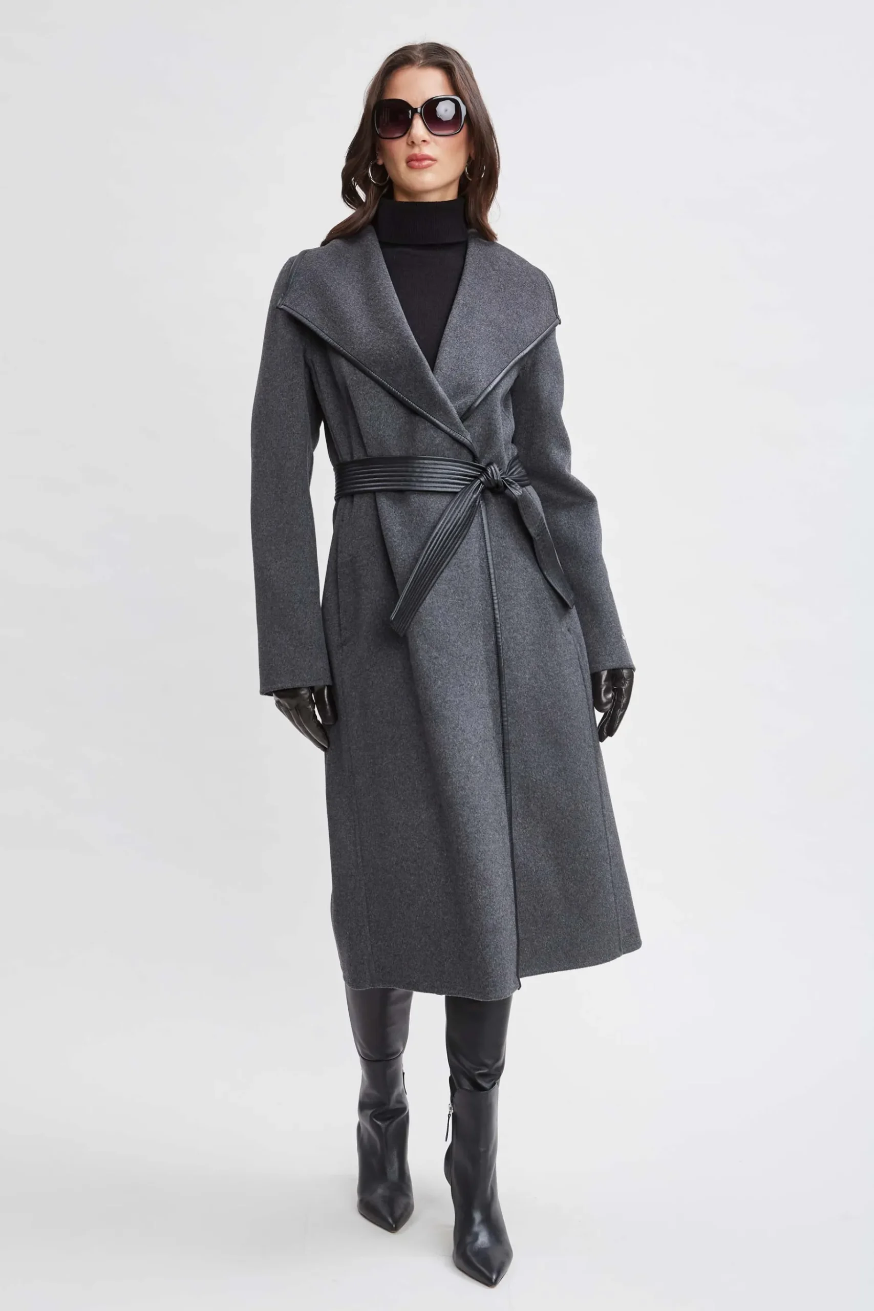 Elie Tahari Tahari Double Face Wool Vegan Leather Trim Coat- Coats