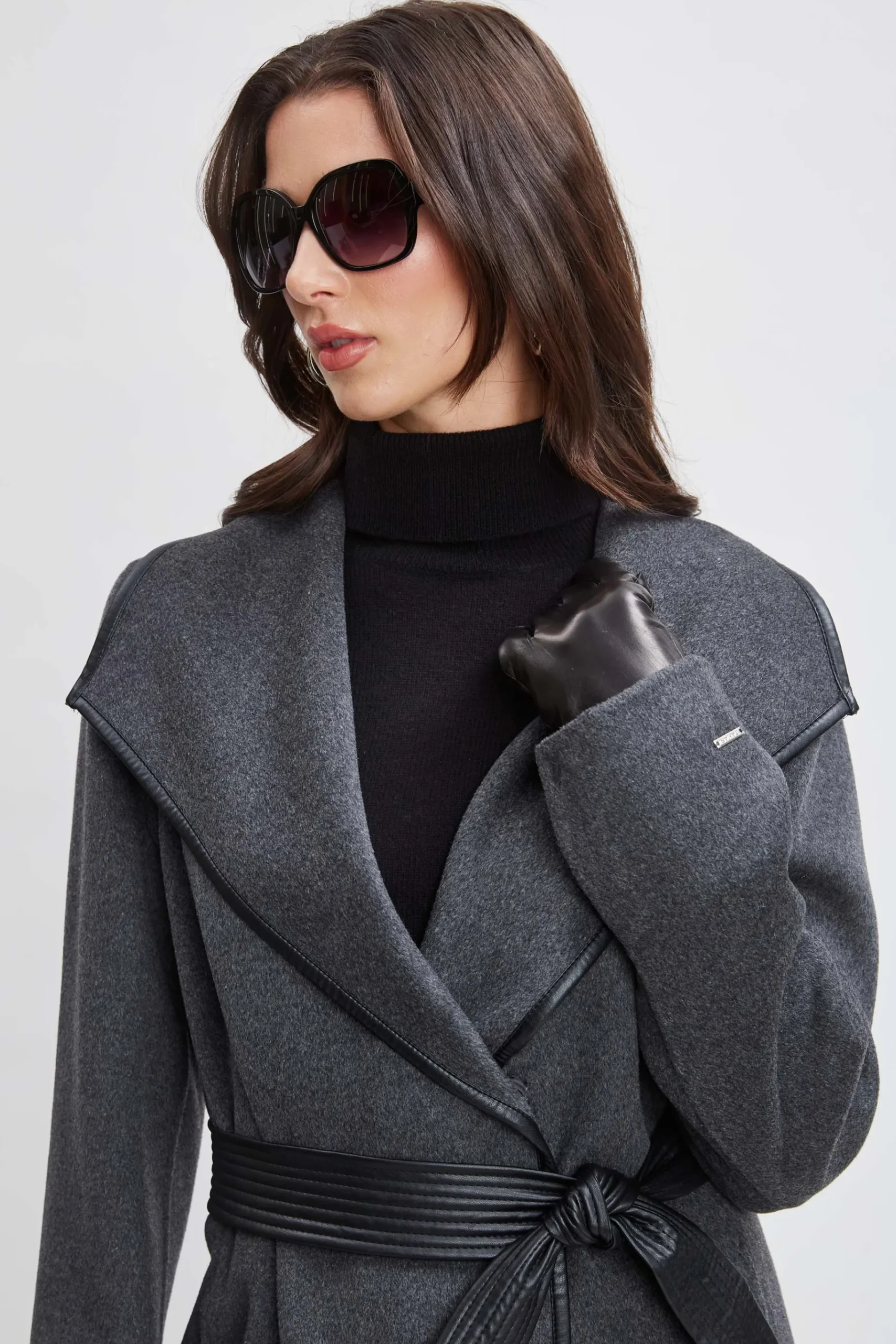 Elie Tahari Tahari Double Face Wool Vegan Leather Trim Coat- Coats