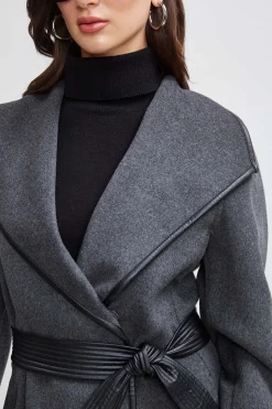 Elie Tahari Tahari Double Face Wool Vegan Leather Trim Coat- Coats