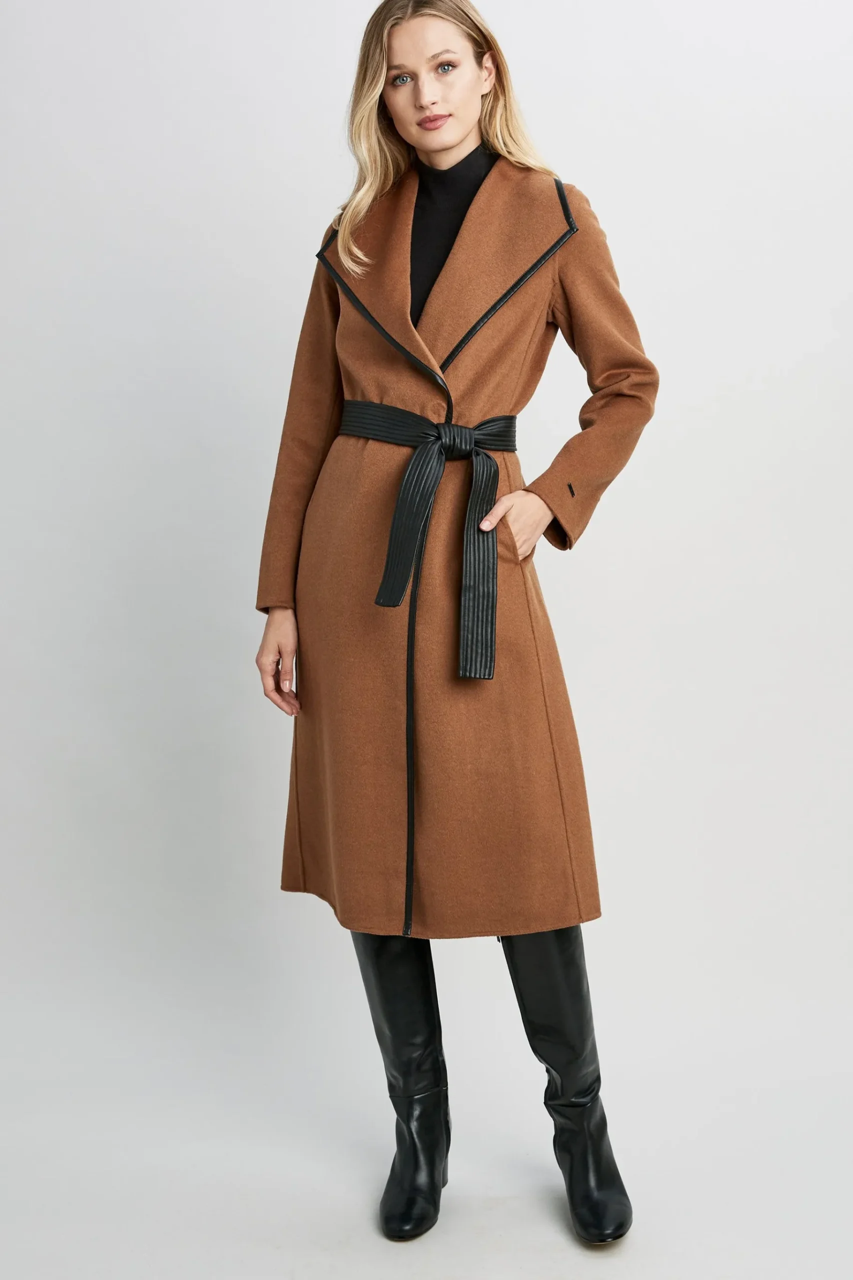 Elie Tahari Tahari Double Face Wool Vegan Leather Trim Coat- Coats