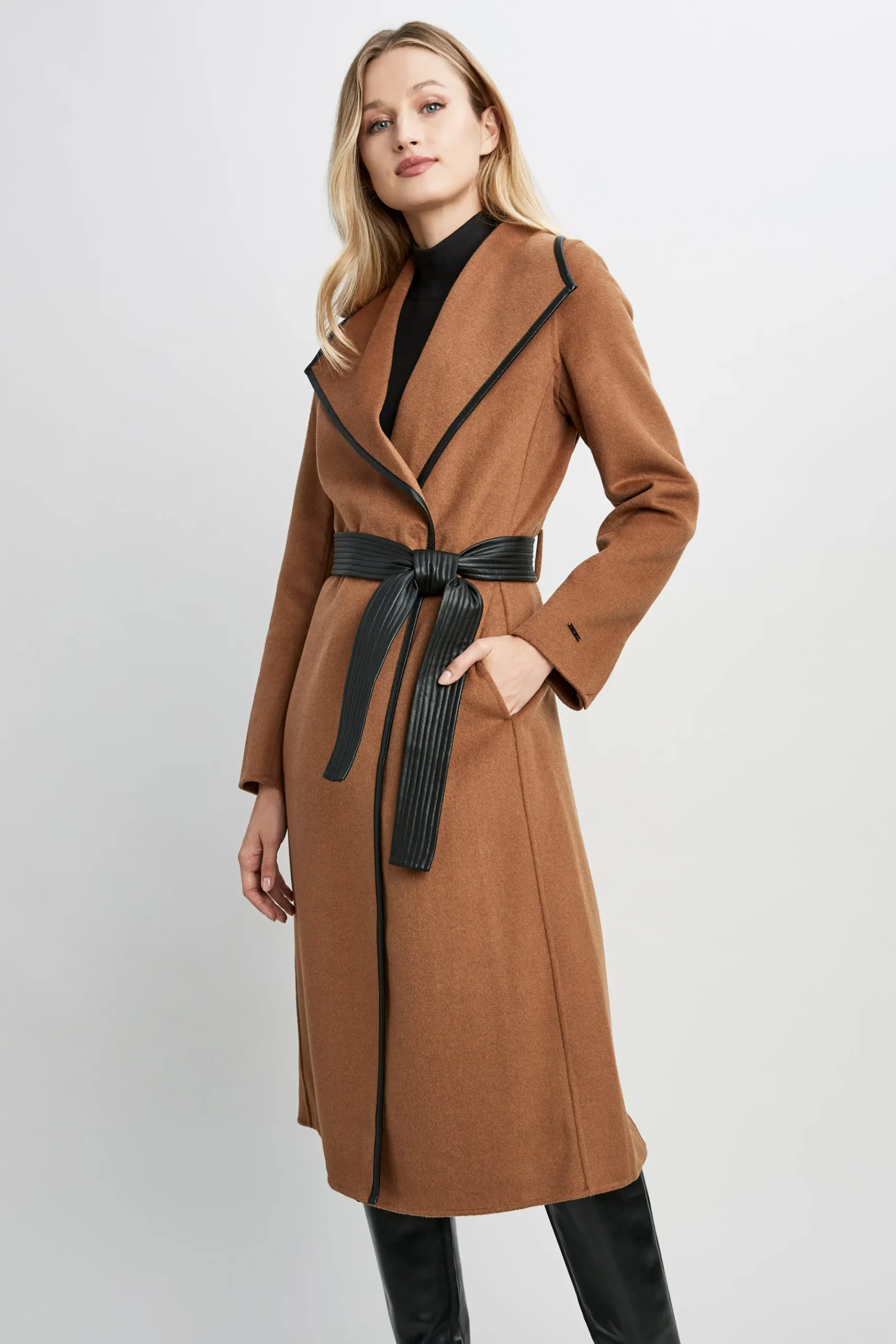 Elie Tahari Tahari Double Face Wool Vegan Leather Trim Coat- Coats