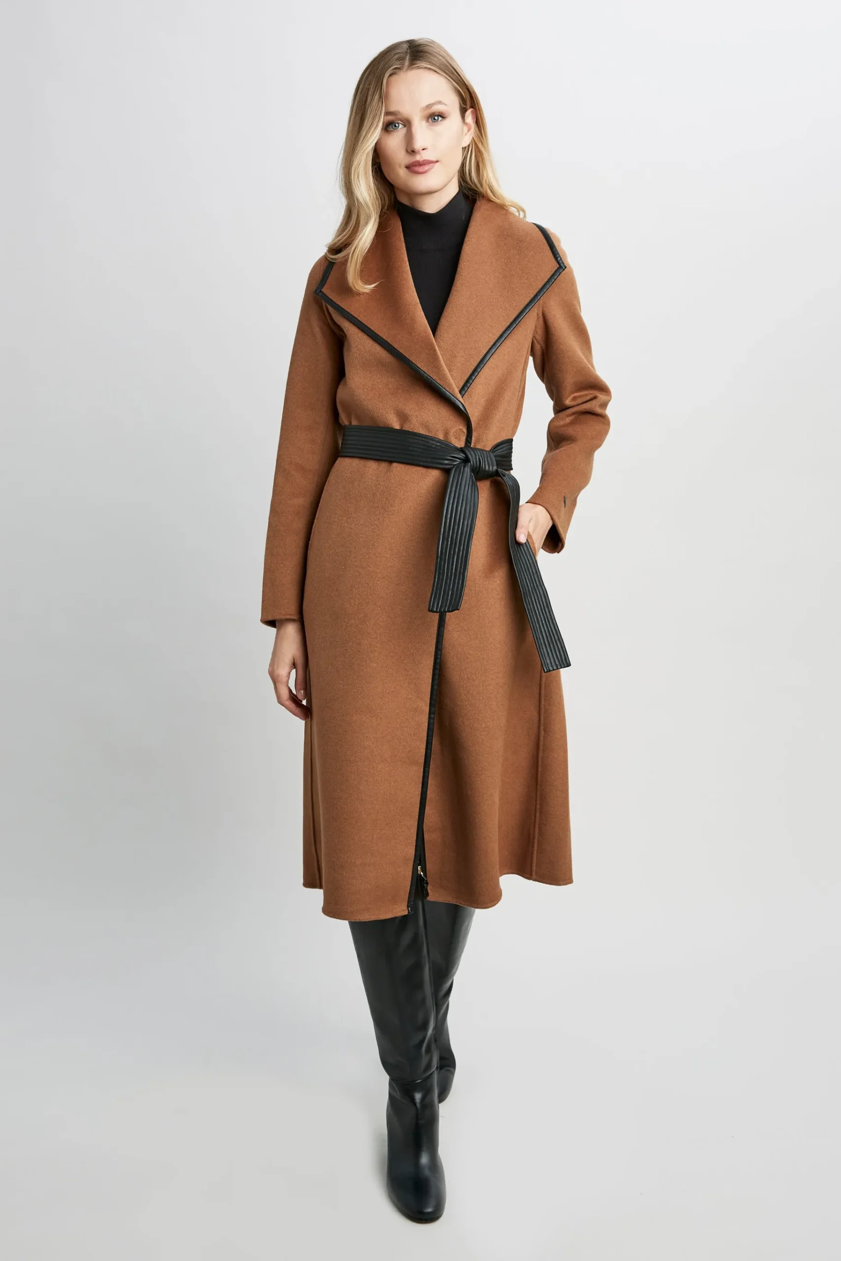 Elie Tahari Tahari Double Face Wool Vegan Leather Trim Coat- Coats