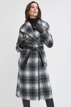 Elie Tahari Tahari Plaid Vegan Trim Wrap Coat- Coats