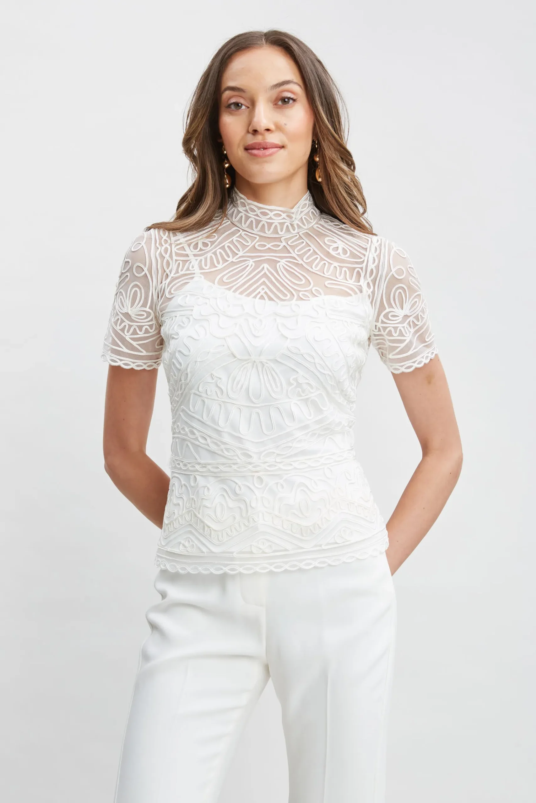 Elie Tahari Tape Applique Mock Neck Shirt- Tops & Sweaters