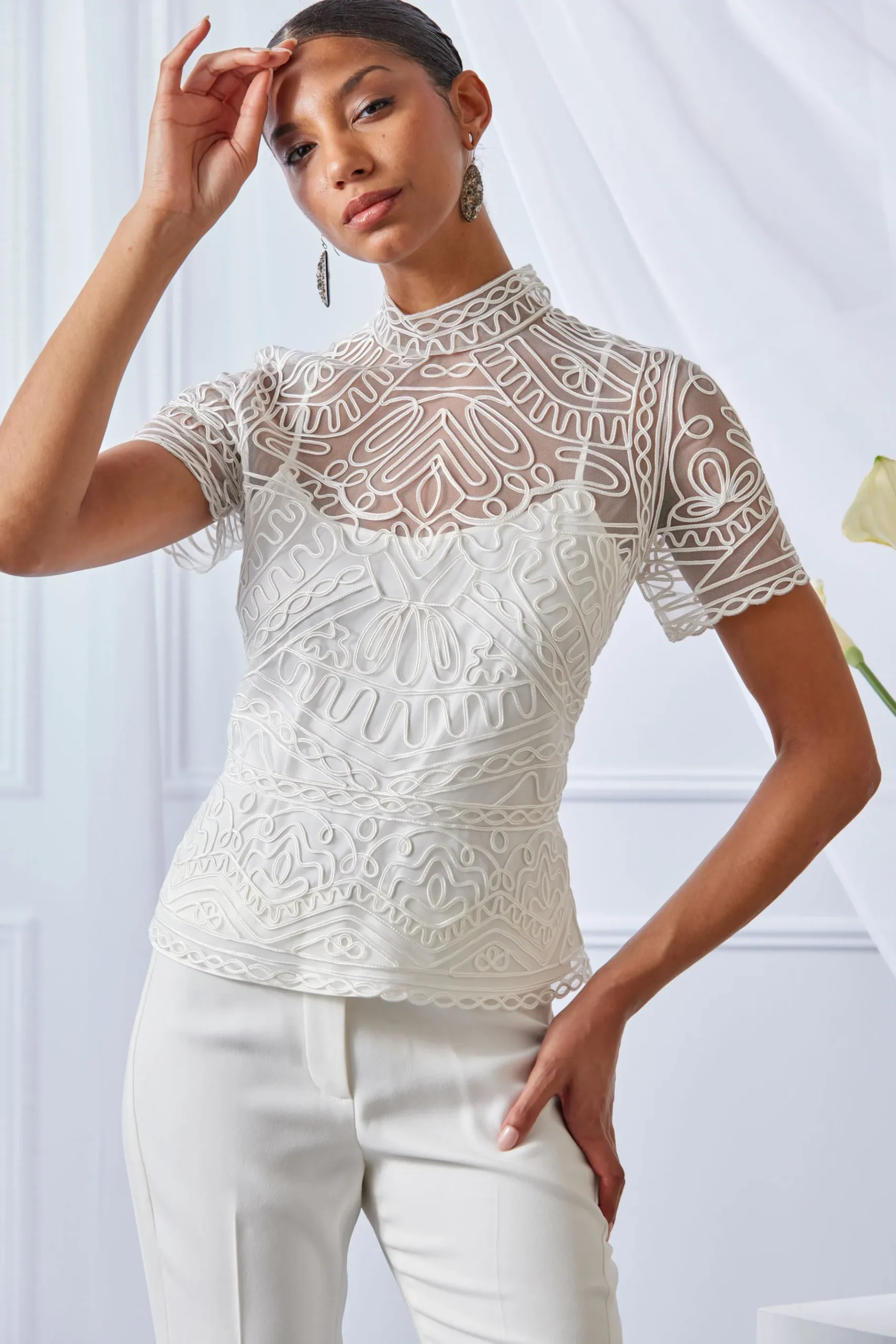 Elie Tahari Tape Applique Mock Neck Shirt- Tops & Sweaters