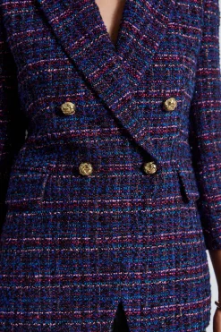 Elie Tahari Tweed Ruched Sleeve Double Breasted Blazer- Jackets & Blazers|Suiting