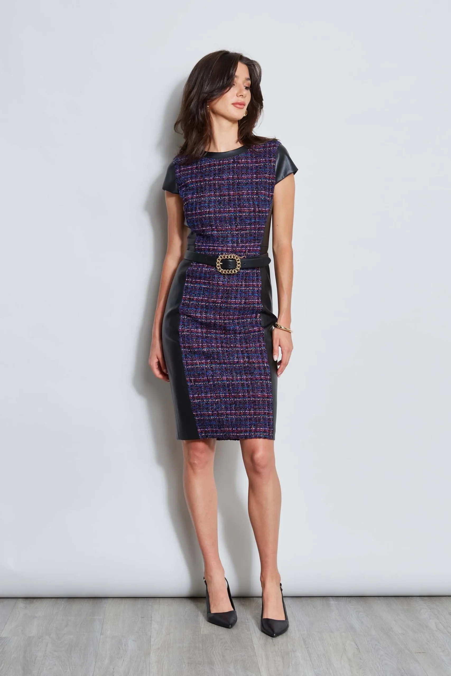 Elie Tahari Tweed Vegan Leather Panel Dress- Dresses & Jumpsuits|Suiting