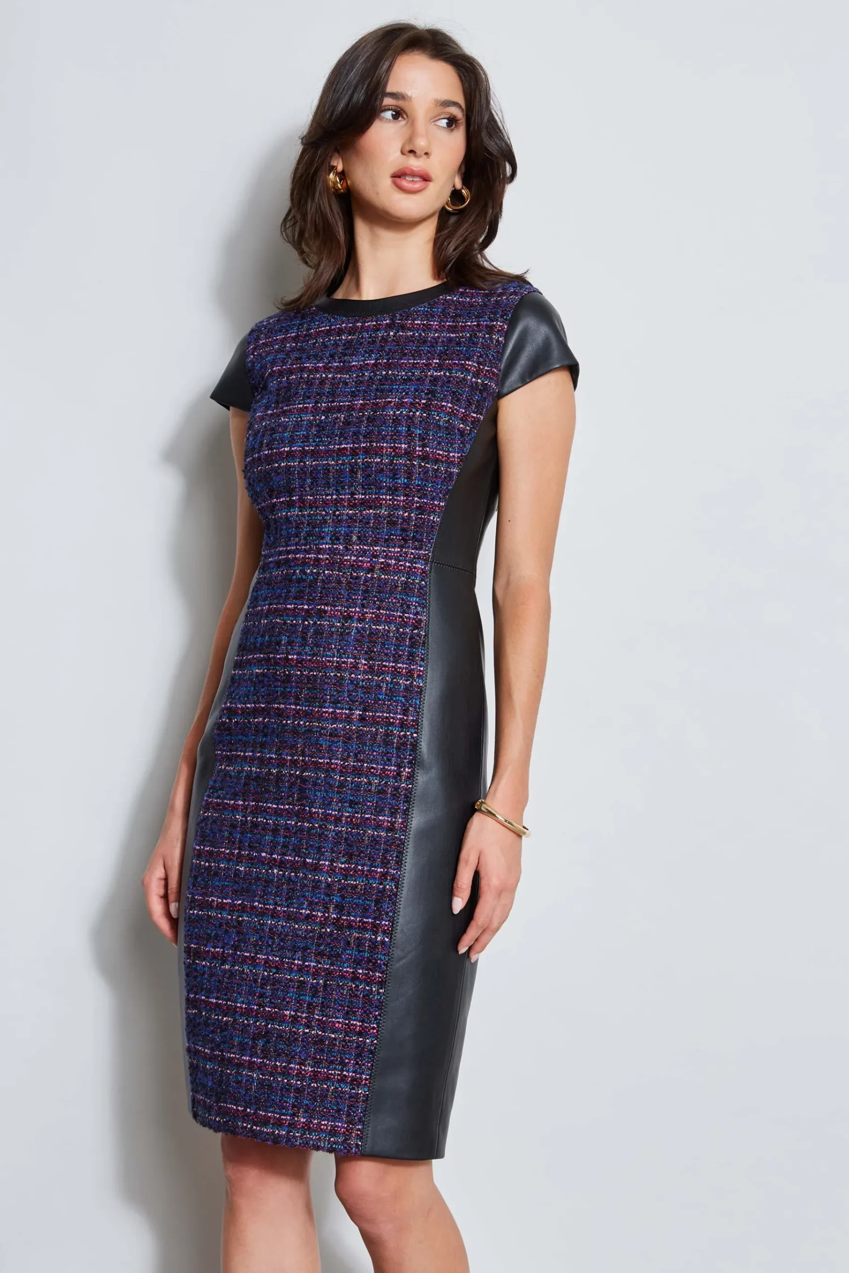 Elie Tahari Tweed Vegan Leather Panel Dress- Dresses & Jumpsuits|Suiting