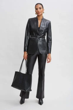 Elie Tahari Vegan Leather Belted Blazer- Jackets & Blazers|Suiting