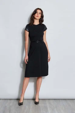 Elie Tahari Vegan Leather Short Sleeve Belted Knit Dress- Dresses & Jumpsuits|Suiting