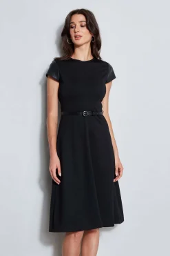 Elie Tahari Vegan Leather Short Sleeve Belted Knit Dress- Dresses & Jumpsuits|Suiting