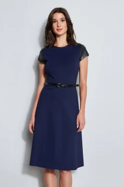 Elie Tahari Vegan Leather Short Sleeve Belted Knit Dress- Dresses & Jumpsuits|Suiting
