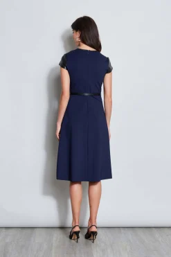 Elie Tahari Vegan Leather Short Sleeve Belted Knit Dress- Dresses & Jumpsuits|Suiting