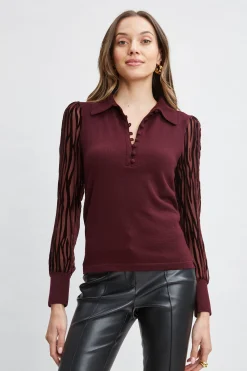Elie Tahari Velvet Burnout Sleeve Polo Sweater- Tops & Sweaters