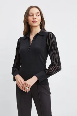 Elie Tahari Velvet Burnout Sleeve Polo Sweater- Tops & Sweaters