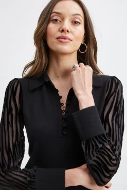 Elie Tahari Velvet Burnout Sleeve Polo Sweater- Tops & Sweaters