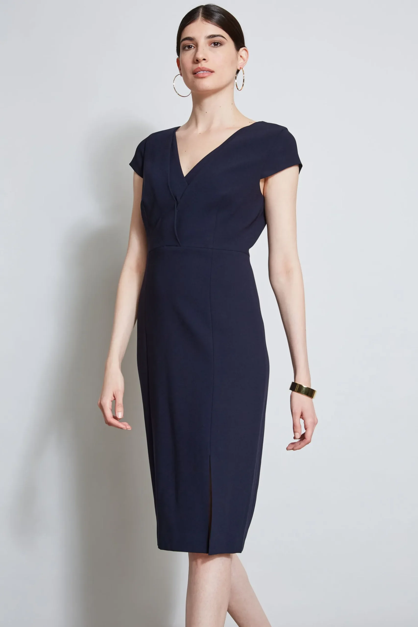 Elie Tahari V-Neck Crepe Dress- Dresses & Jumpsuits|Short Sleeve Dresses