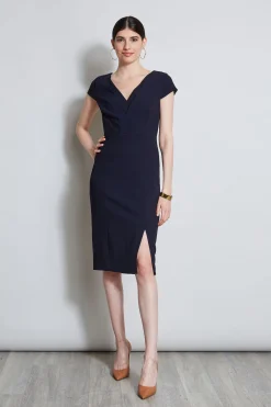 Elie Tahari V-Neck Crepe Dress- Dresses & Jumpsuits|Short Sleeve Dresses
