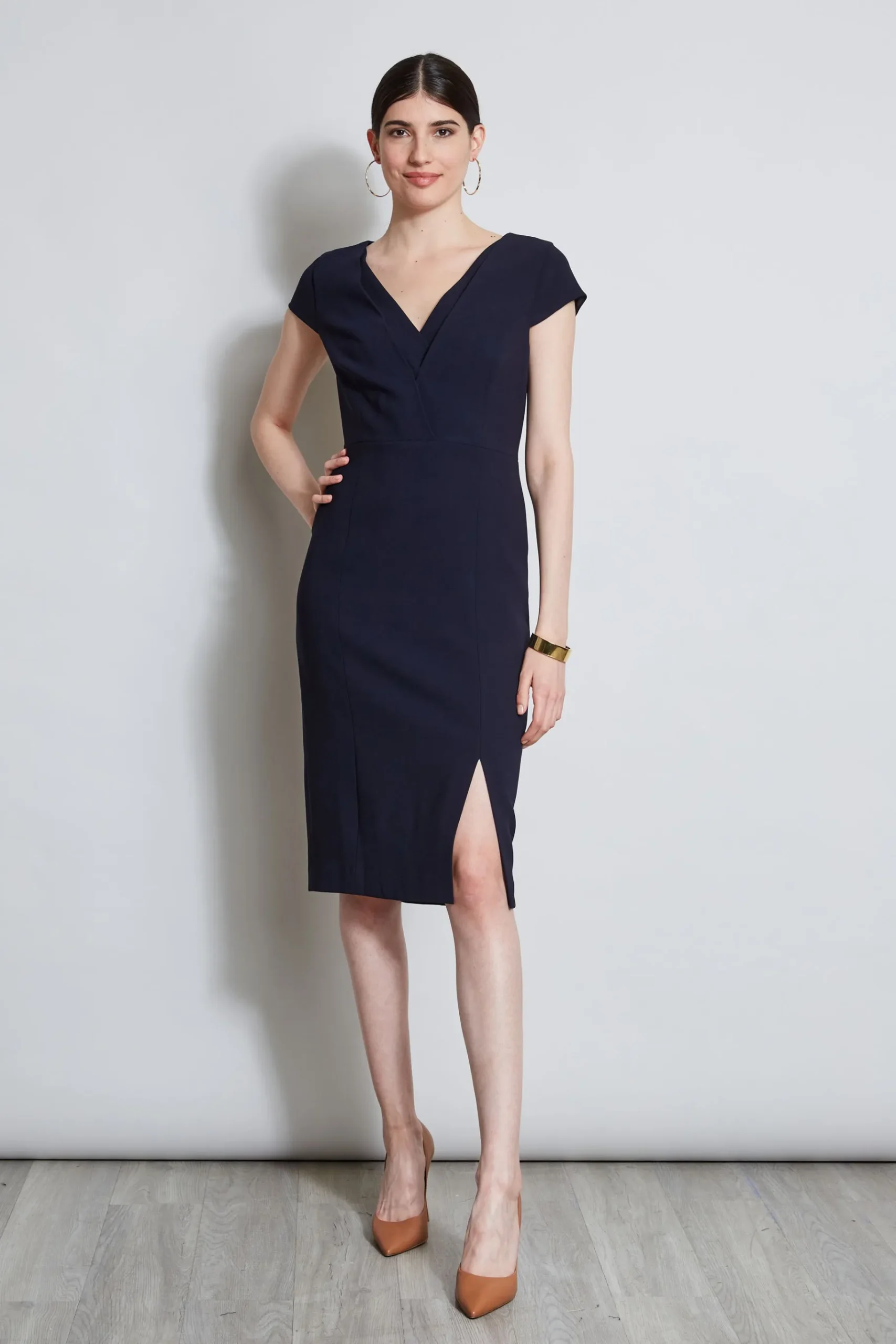 Elie Tahari V-Neck Crepe Dress- Dresses & Jumpsuits|Short Sleeve Dresses